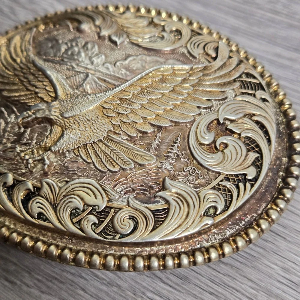 Award Design Medals Gold Silver Vintage Belt Buckle  Western Eagle Scrollwork 3D